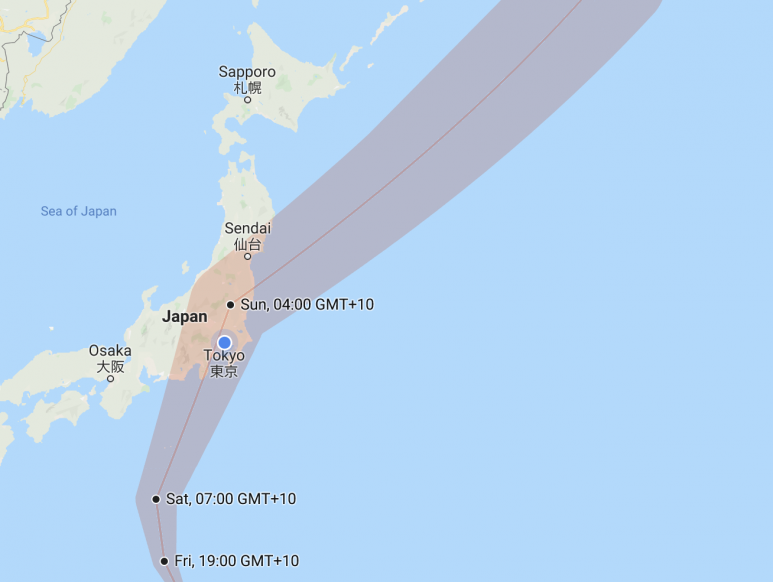Typhoon Hagibis approaching Tokyo and Japan on map