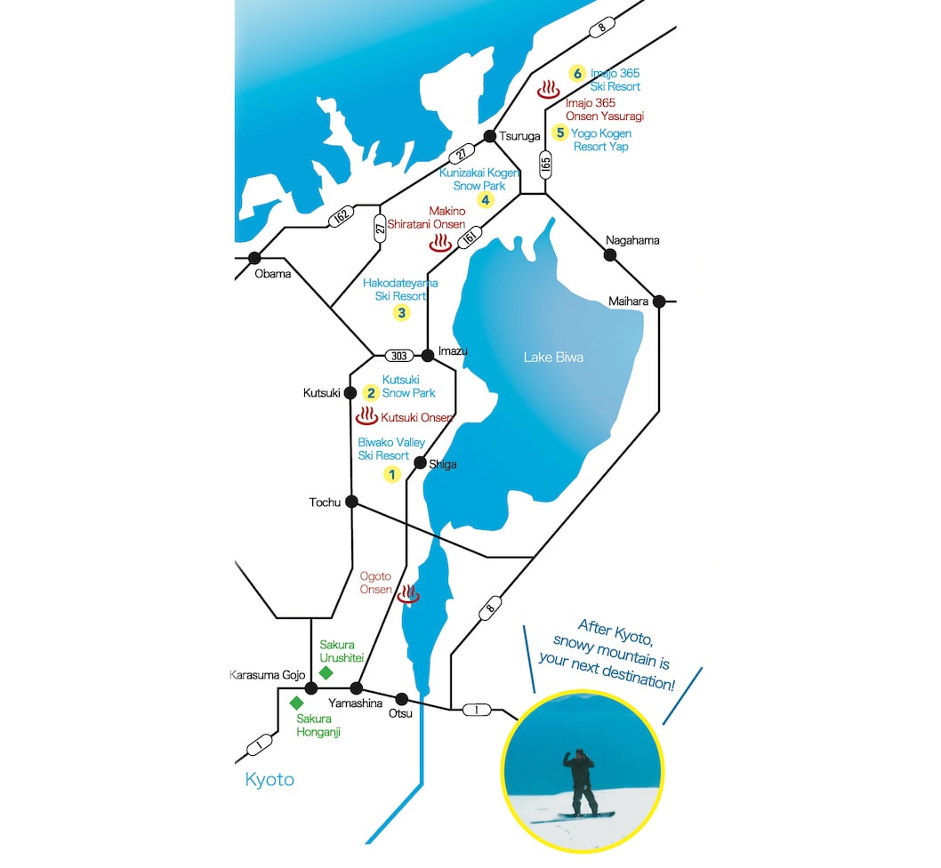 Map of the best ski resorts around Kyoto in the Winter