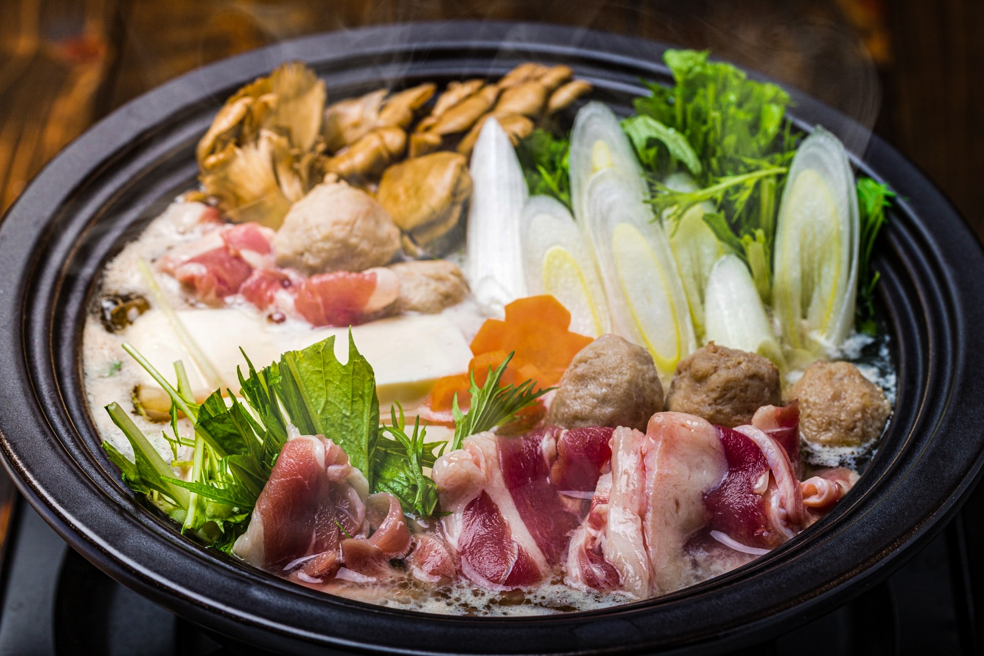 The favorite winter food of japan: Nabe hot-pot dish with vegetables and meat
